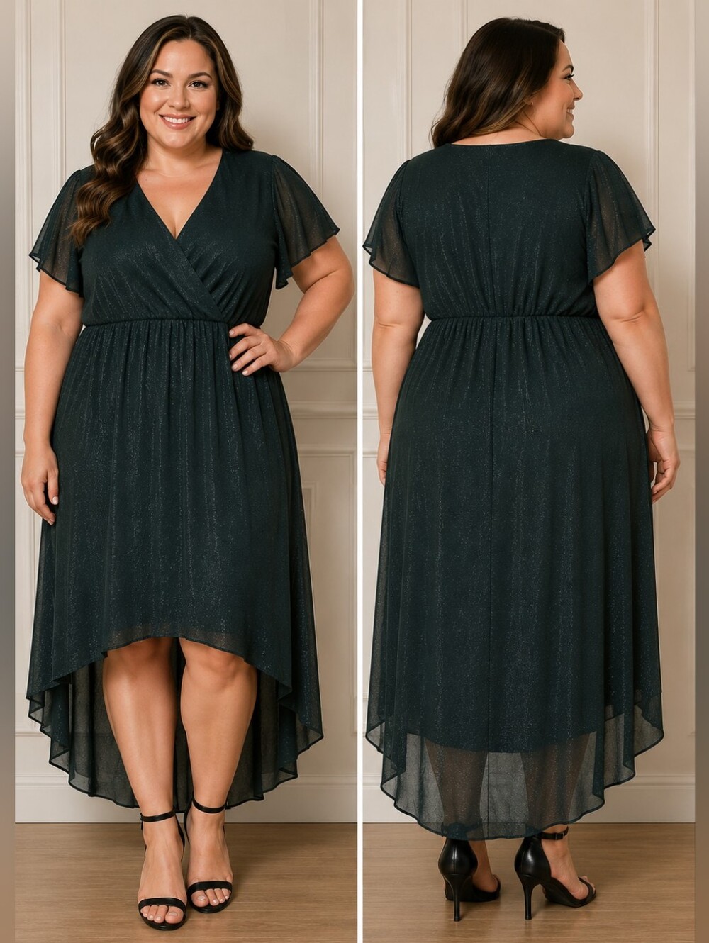 HOLIDAY DRESS!!!! Plus Size Emerald Green Wrap High-Low Dress - 4XL
